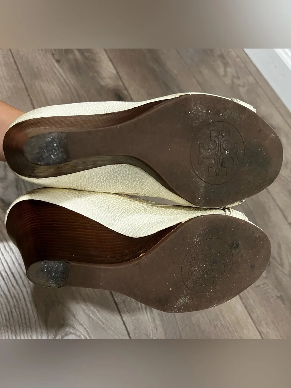 [Sold] Tory Burch Sz.7.5 Leather Peep-Toe Wedge Heels with Gold Accent